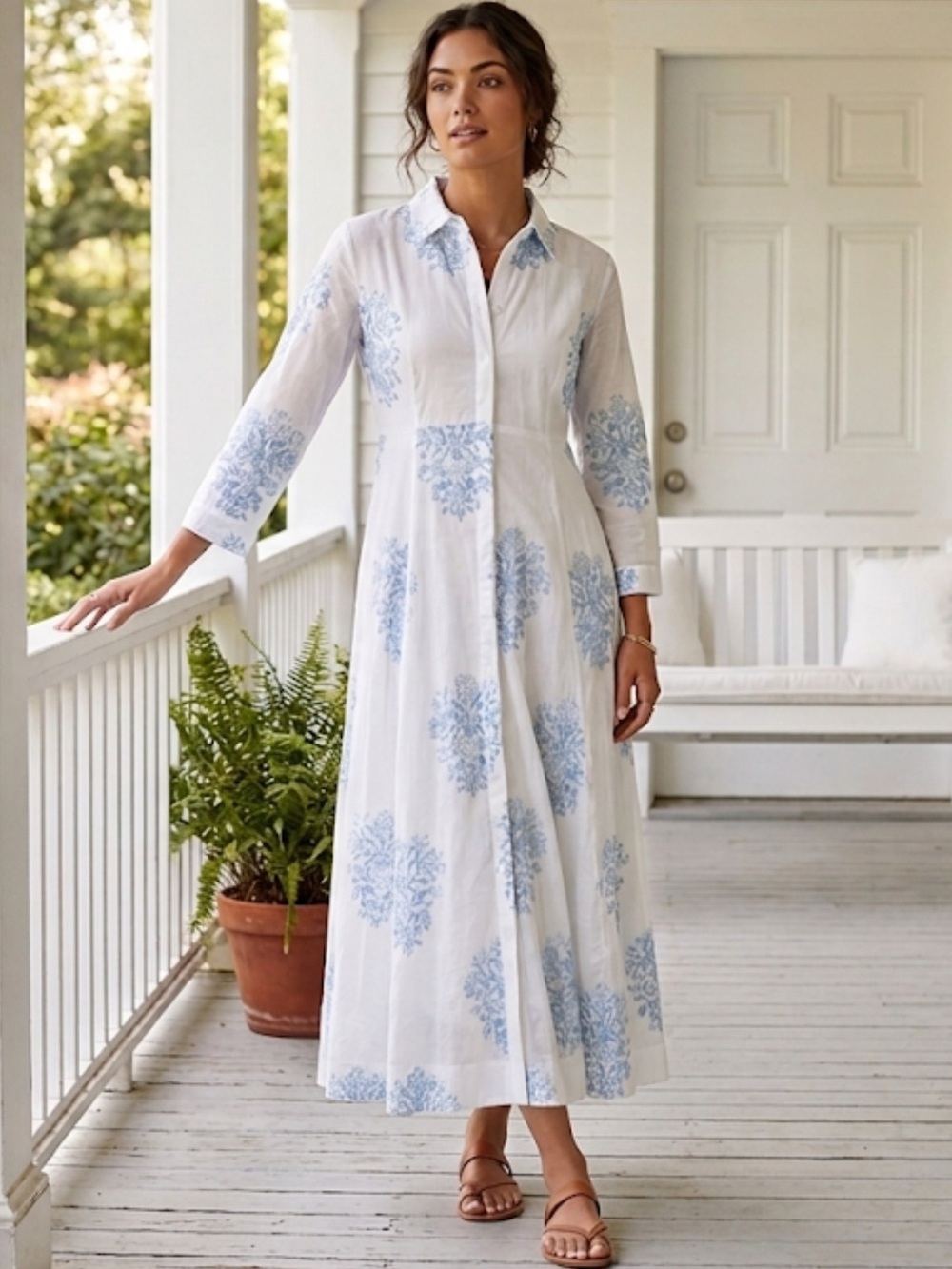Julia Amory Shirt Dress Cotton Block Print White Blue Floral Size Small